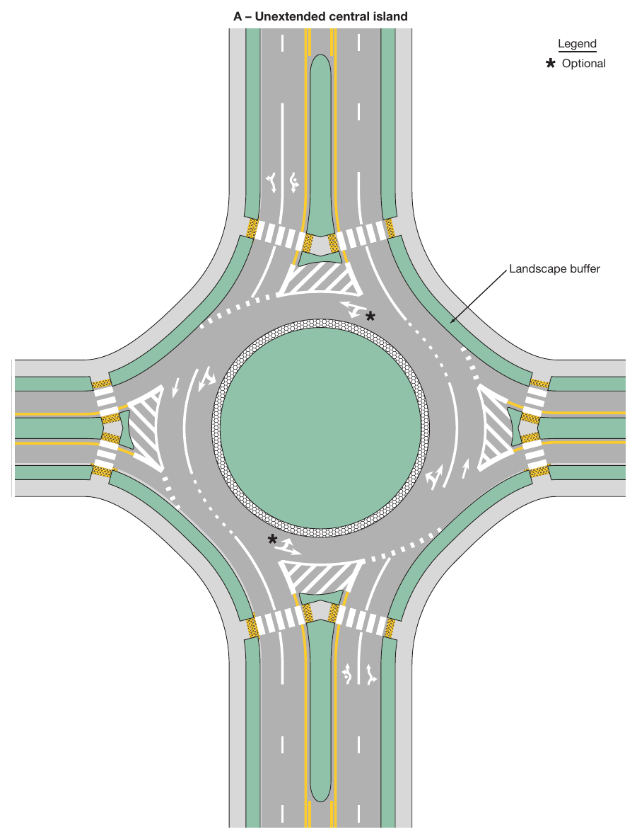 Figure 3D-3. Example of Markings for a Two-Lane Roundabout with One-Lane and Two-Lane Approaches (Sheet 1 of 2)