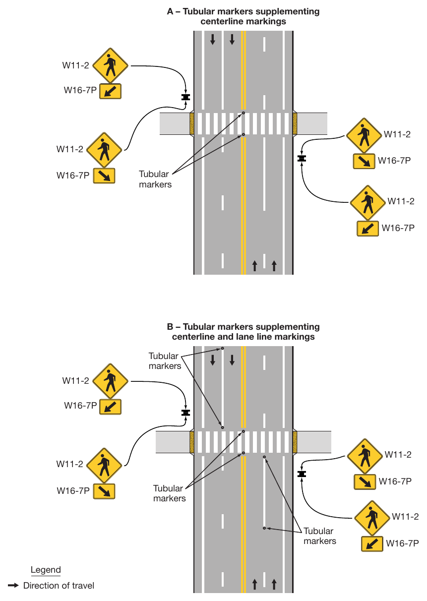 Figure 3I-1. Examples of Tubular Markers Supplementing Pavement Markings in Advance of an Unsignalized Crosswalk (Sheet 1)