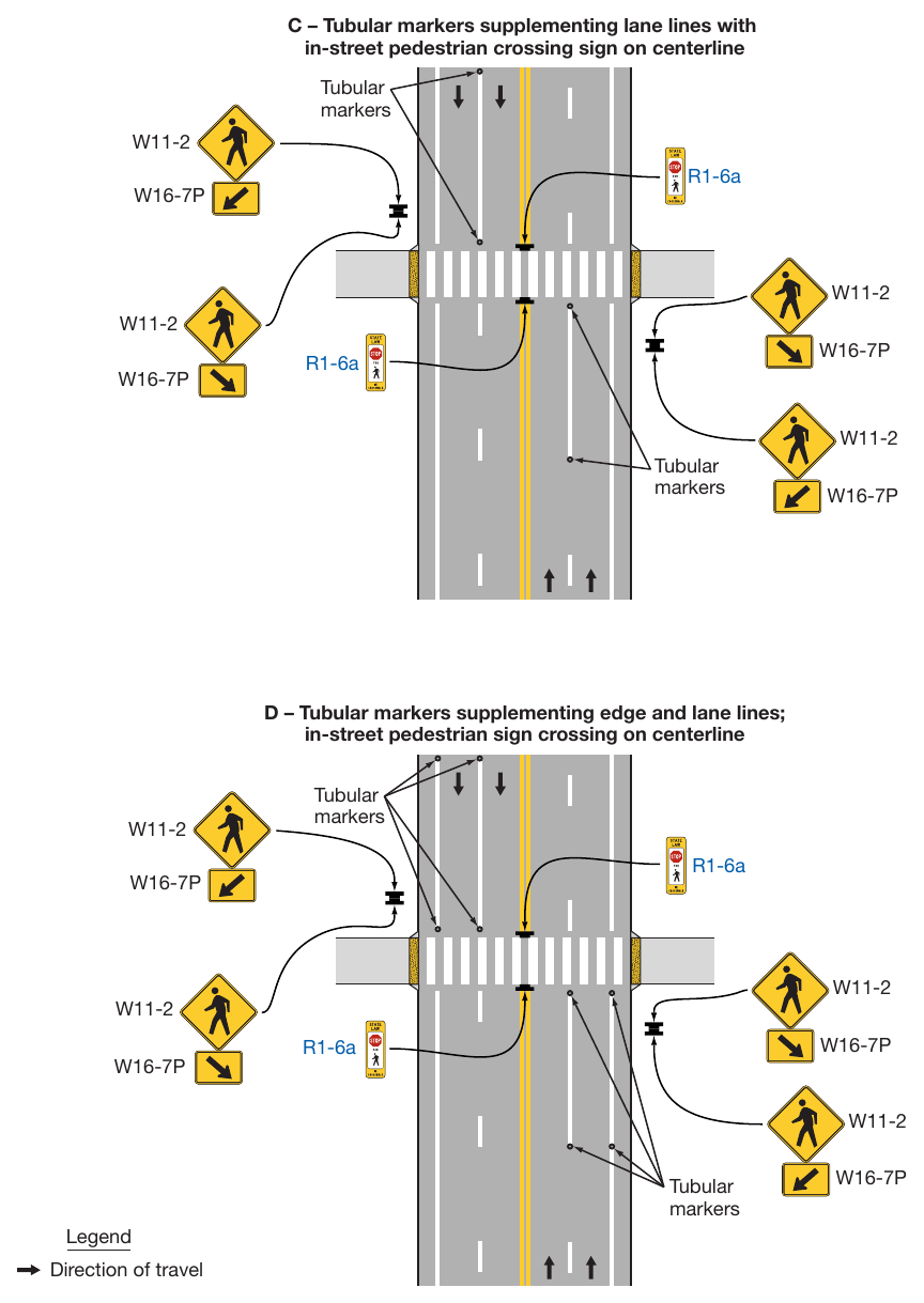 Figure 3I-1. Examples of Tubular Markers Supplementing Pavement Markings in Advance of an Unsignalized Crosswalk (Sheet 2)