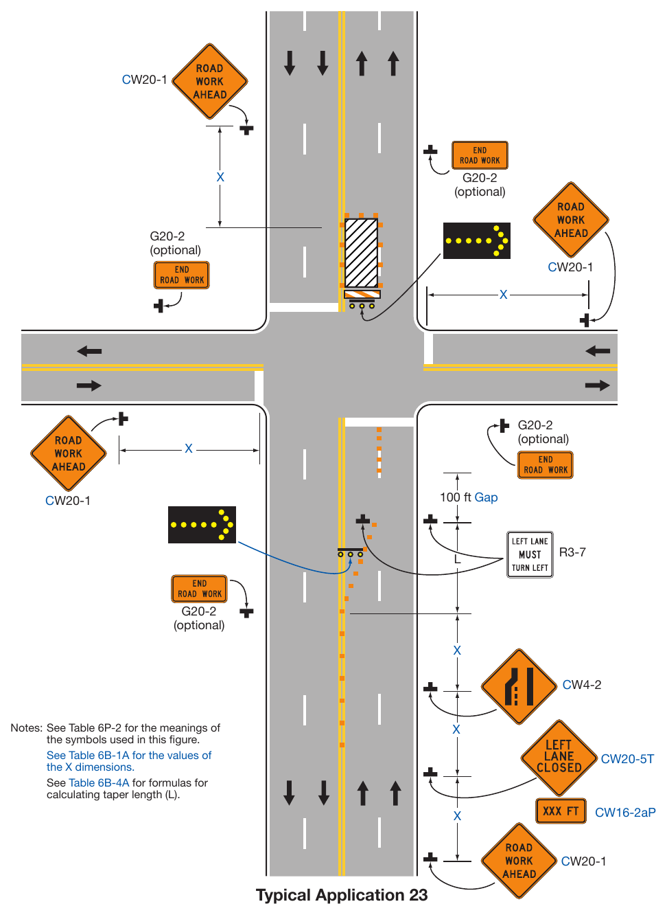 Figure 6P-23. Left-Hand Lane Closure on the Far Side of an Intersection (TA-23)