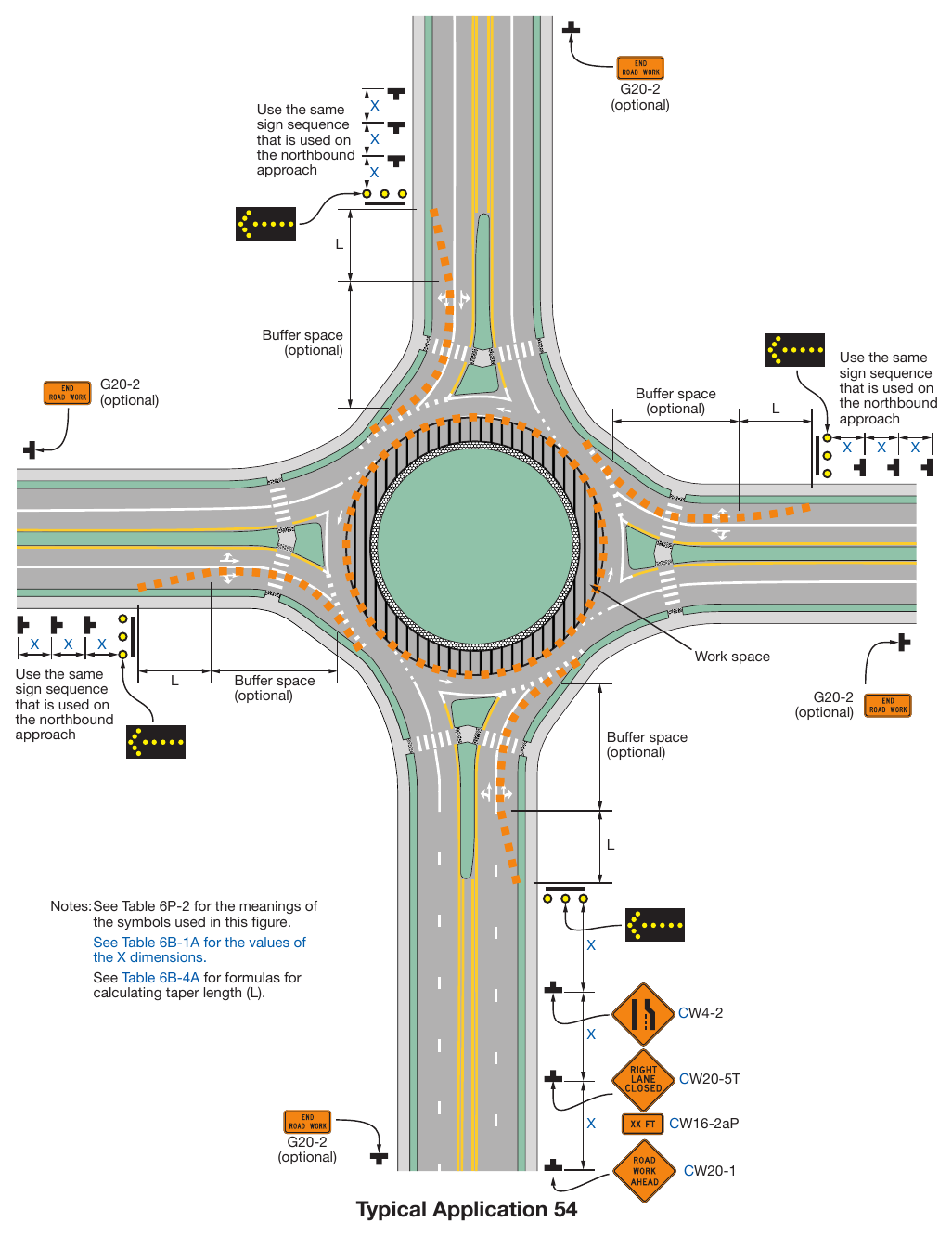 Figure 6P-54. Inside Lane Closure on a Multi-Lane Circular Intersection (TA-54)