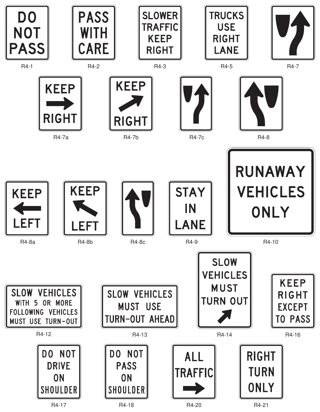 Figure 2B-10. Passing, Keep Right, and Slow Traffic Signs
