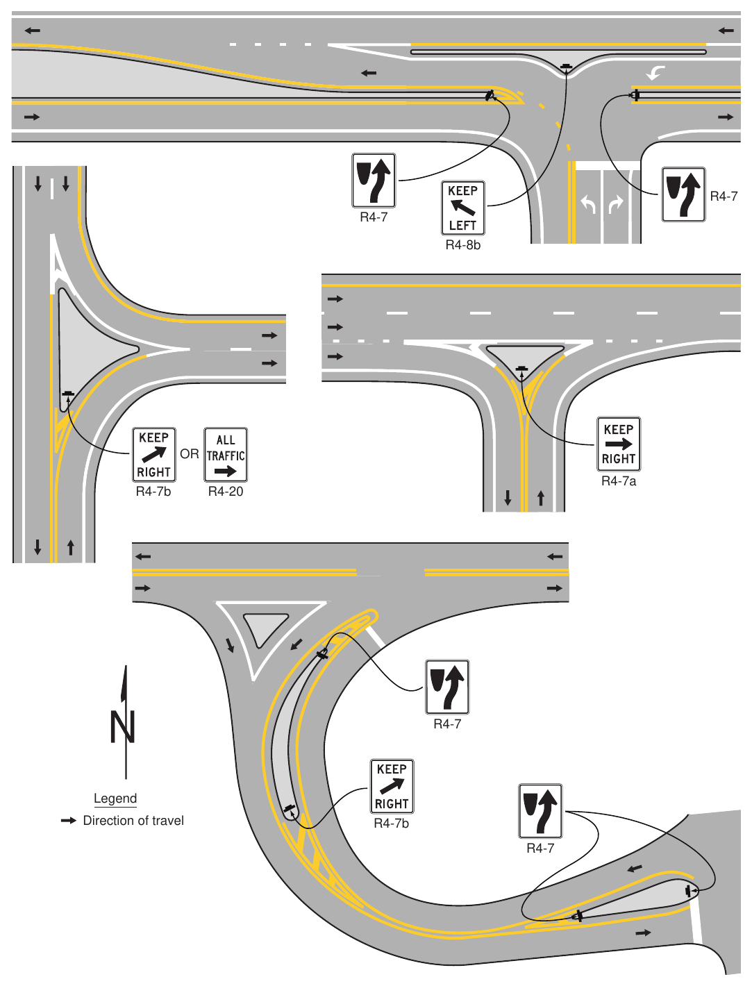 Figure 2B-11. Examples of Keep Right and Keep Left Sign Placement