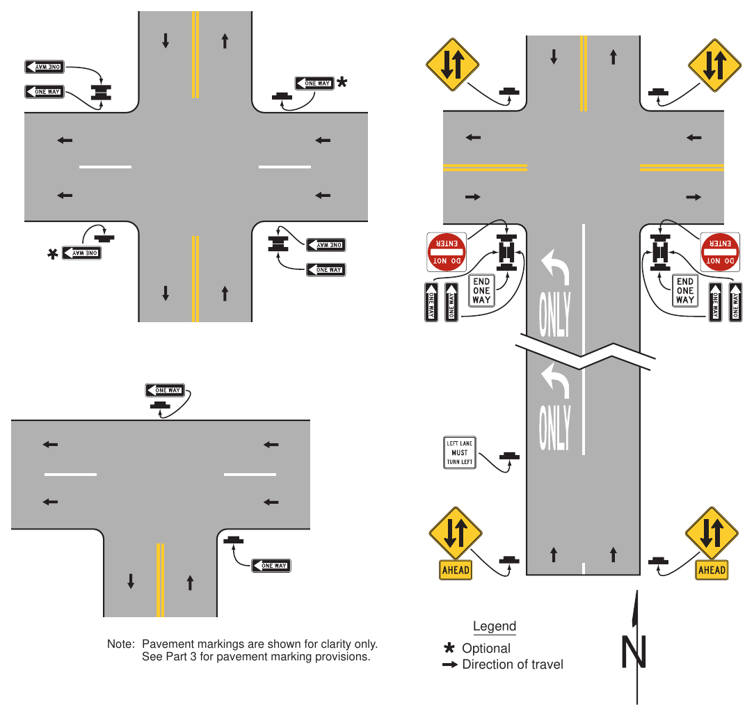 Figure 2B-18. Locations of ONE WAY Signs