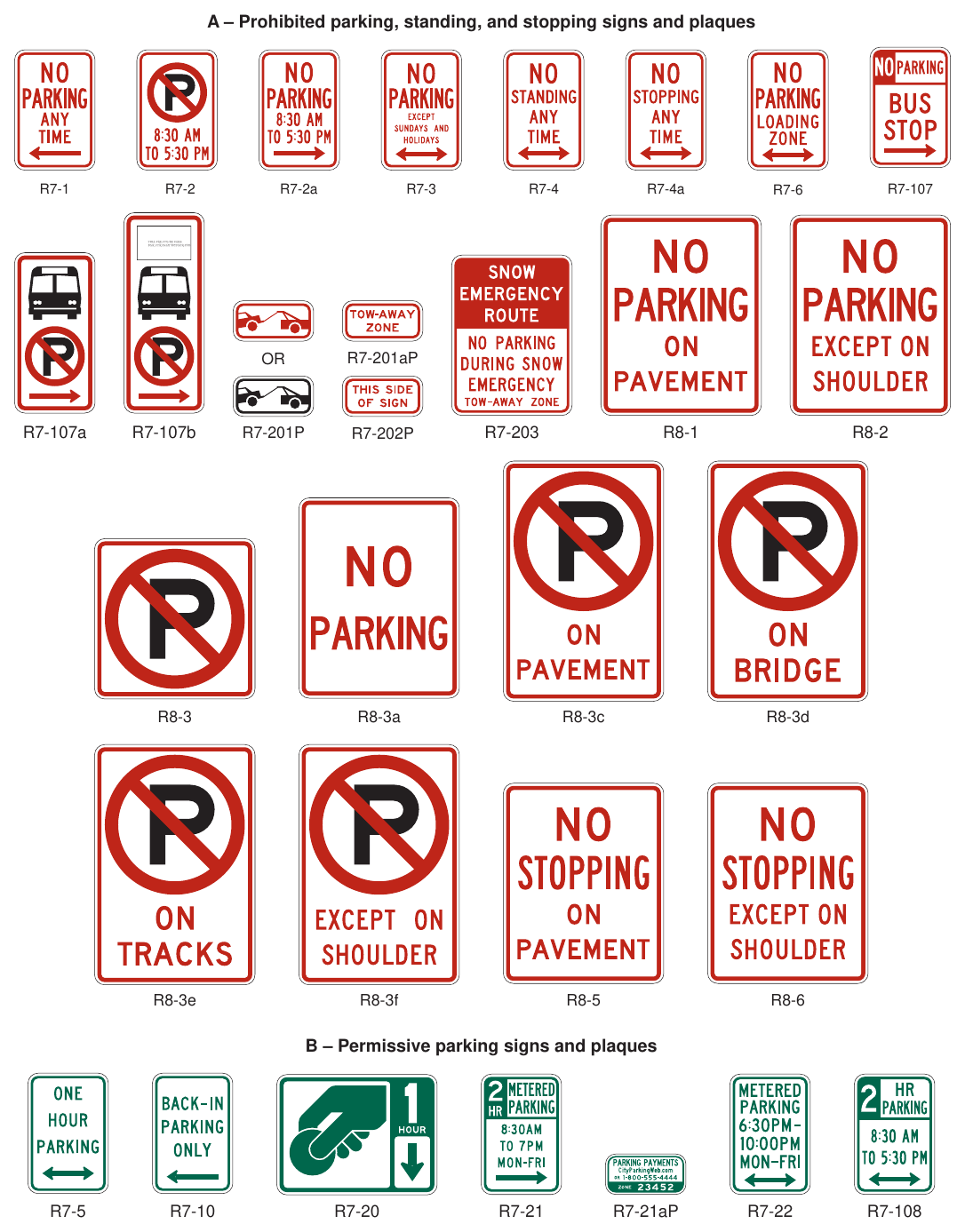 Figure 2B-25(VA). Parking, Standing, and Stopping Signs and Plaques (R7 and R8 Series) (Sheet 1 of 2)