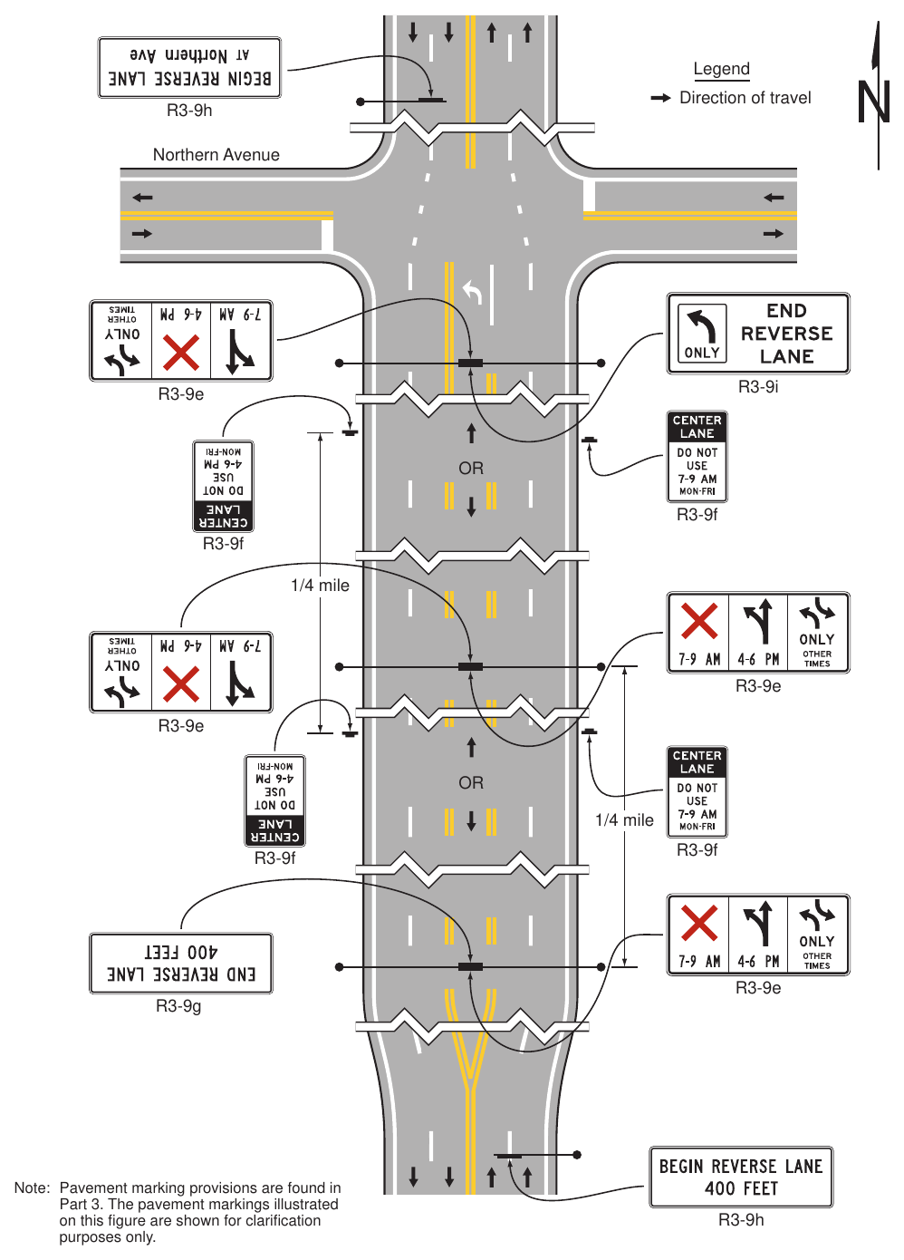 Figure 2B-7. Location of Reversible Two-Way Left-Turn Signs