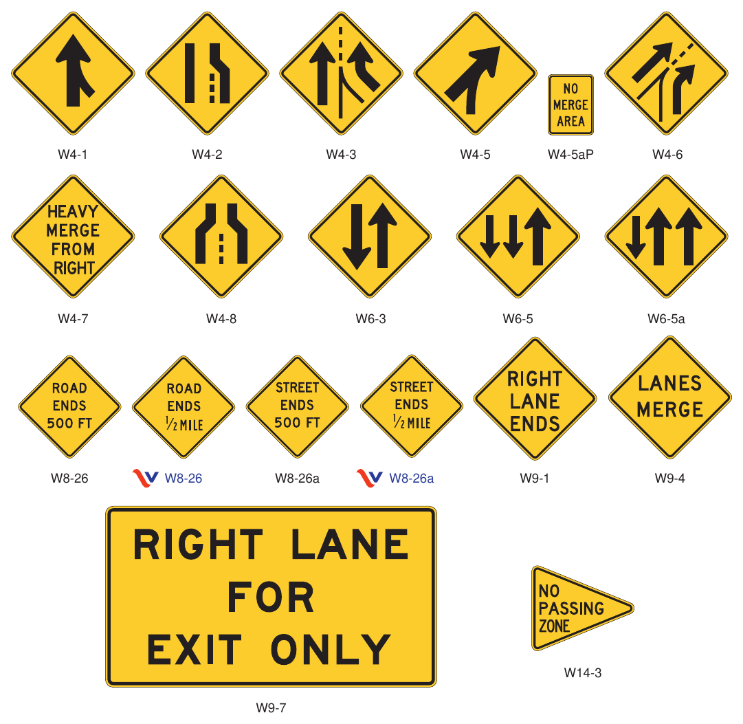 Figure 2C-11(VA). Merging and Passing Signs and Plaques