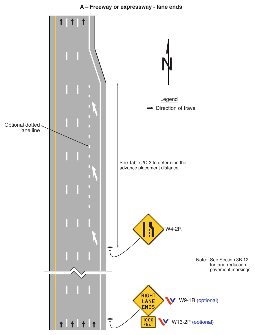 Figure 2C-13(VA). Example Sequences for Lane Ends and Lane Merge Signs (Sheet 1 of 5)