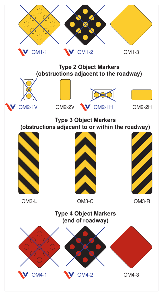 Figure 2C-17(VA). Object Markers Type 1 Object Markers (obstructions within the roadway)