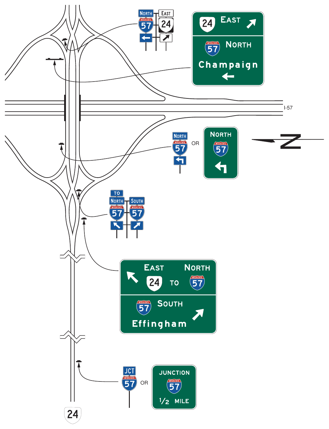 Figure 2D-21(VA). Example of Transposed Alignment Crossroad Guide Signing at a Diamond Interchange