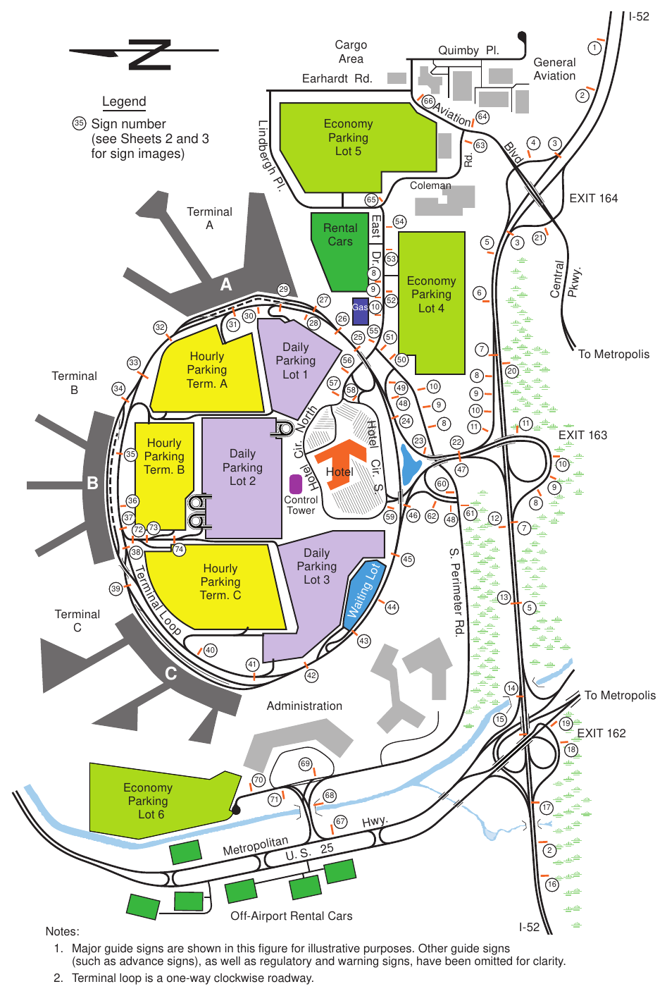 Figure 2D-39. Example of a System of Major Guide Signs for an Airport Roadway Network (Sheet 1 of 3)
