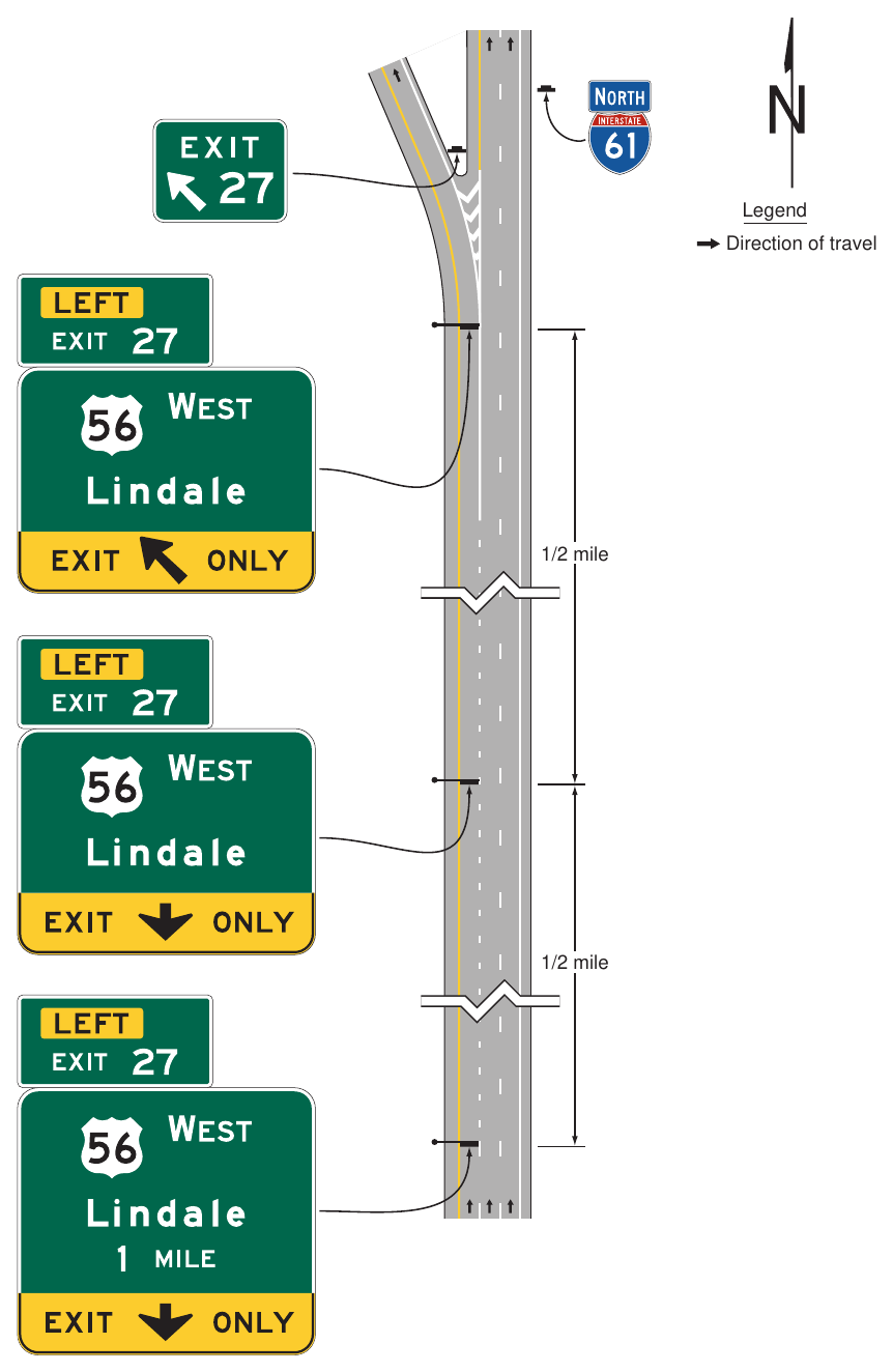 Figure 2E-18. Guide Signs for a Single-Lane Exit to the Left with a Dropped Lane