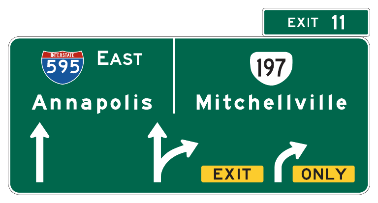 Figure 2E-35(VA). Example of an Overhead Arrow-per-Lane Guide Sign for a Multi-Lane Exit with an Option Lane