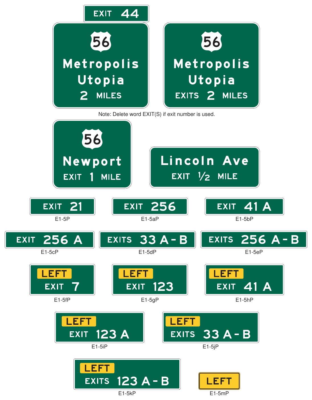 Figure 2E-9. Examples of Interchange Advance Guide Signs, Exit Number Plaques, and LEFT Plaque