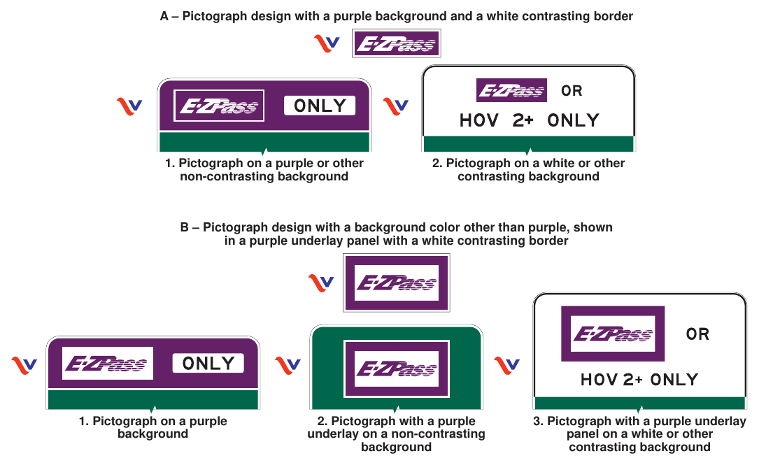 Figure 2F-1(VA). Examples of ETC Account Pictographs and Use of Purple Backgrounds and Underlay Panels