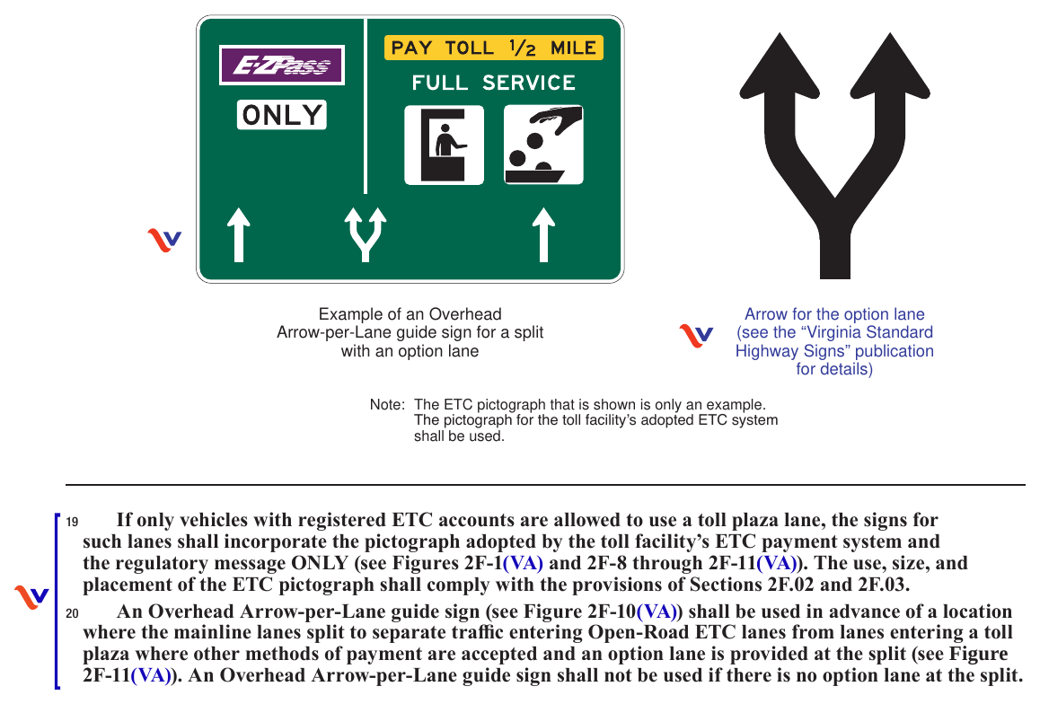 Figure 2F-10(VA). Example of an Overhead Arrow-per-Lane Guide Sign and Arrow for a Split with an Option Lane