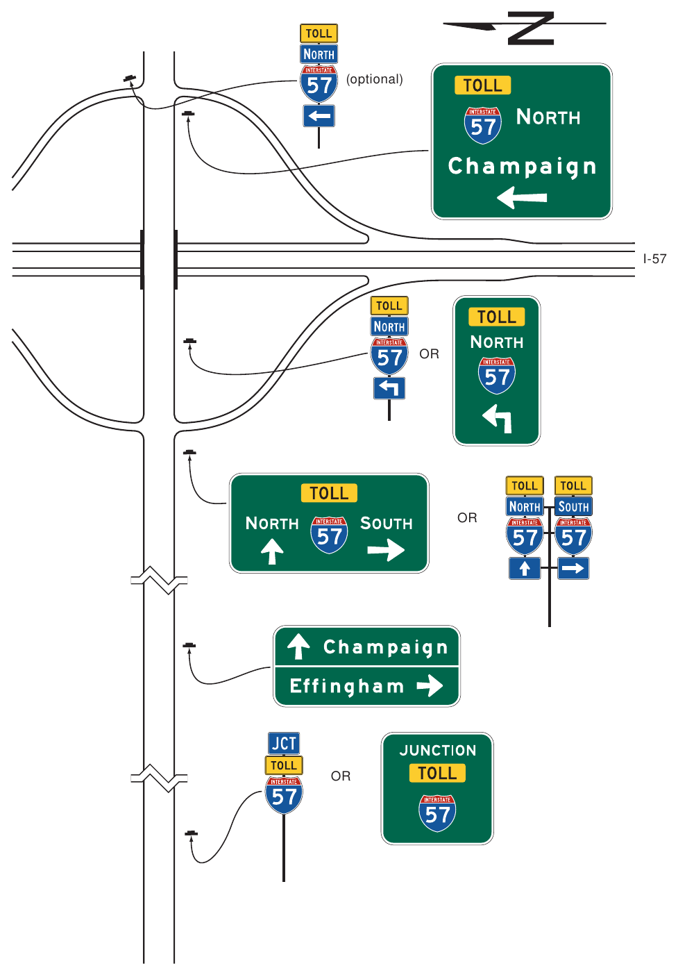 Figure 2F-6. Example of Interchange Crossroad Signing for a One-Lane Approach to a Toll Highway