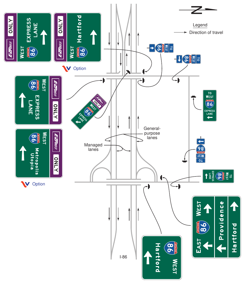 Figure 2G-30(VA). Examples of Guide Signs for a Direct Entrance Ramp to a Priced Managed Lane and Trailblazing to a Nearby Entrance to the General-Purpose Lanes