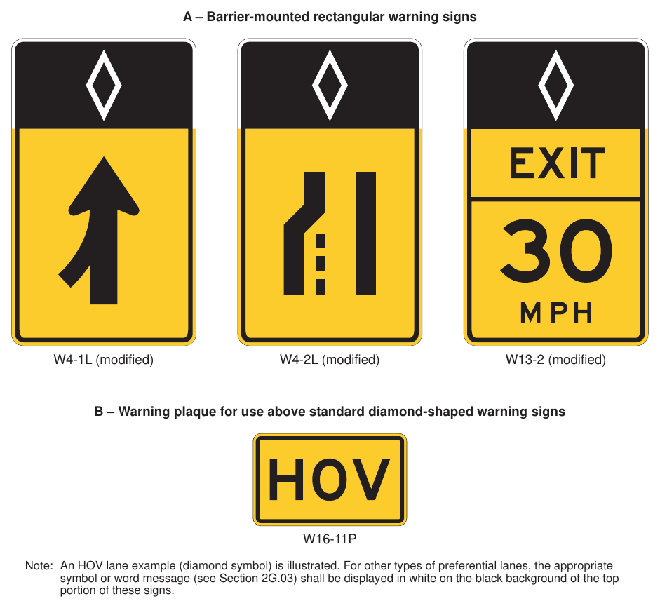 Figure 2G-4. Examples of Warning Signs and Plaques Applicable Only to Preferential Lanes