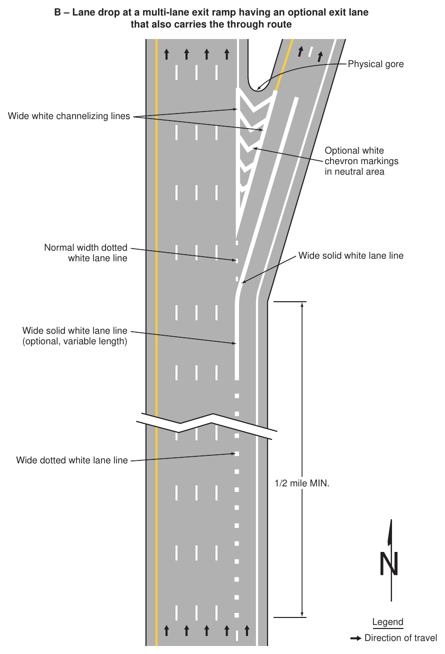 Figure 3B-11. Examples of Applications of Freeway and Expressway Lane-Drop Markings (Sheet 2 of 6)
