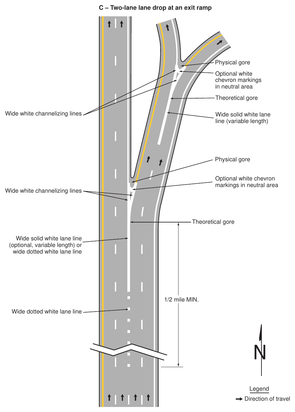 Figure 3B-11. Examples of Applications of Freeway and Expressway Lane-Drop Markings (Sheet 3 of 6)