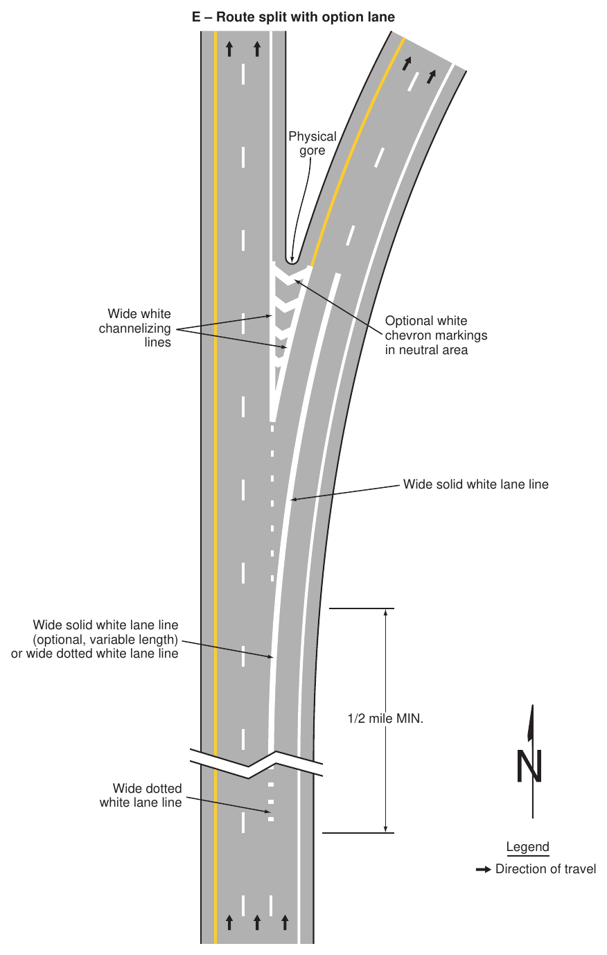 Figure 3B-11. Examples of Applications of Freeway and Expressway Lane-Drop Markings (Sheet 5 of 6)