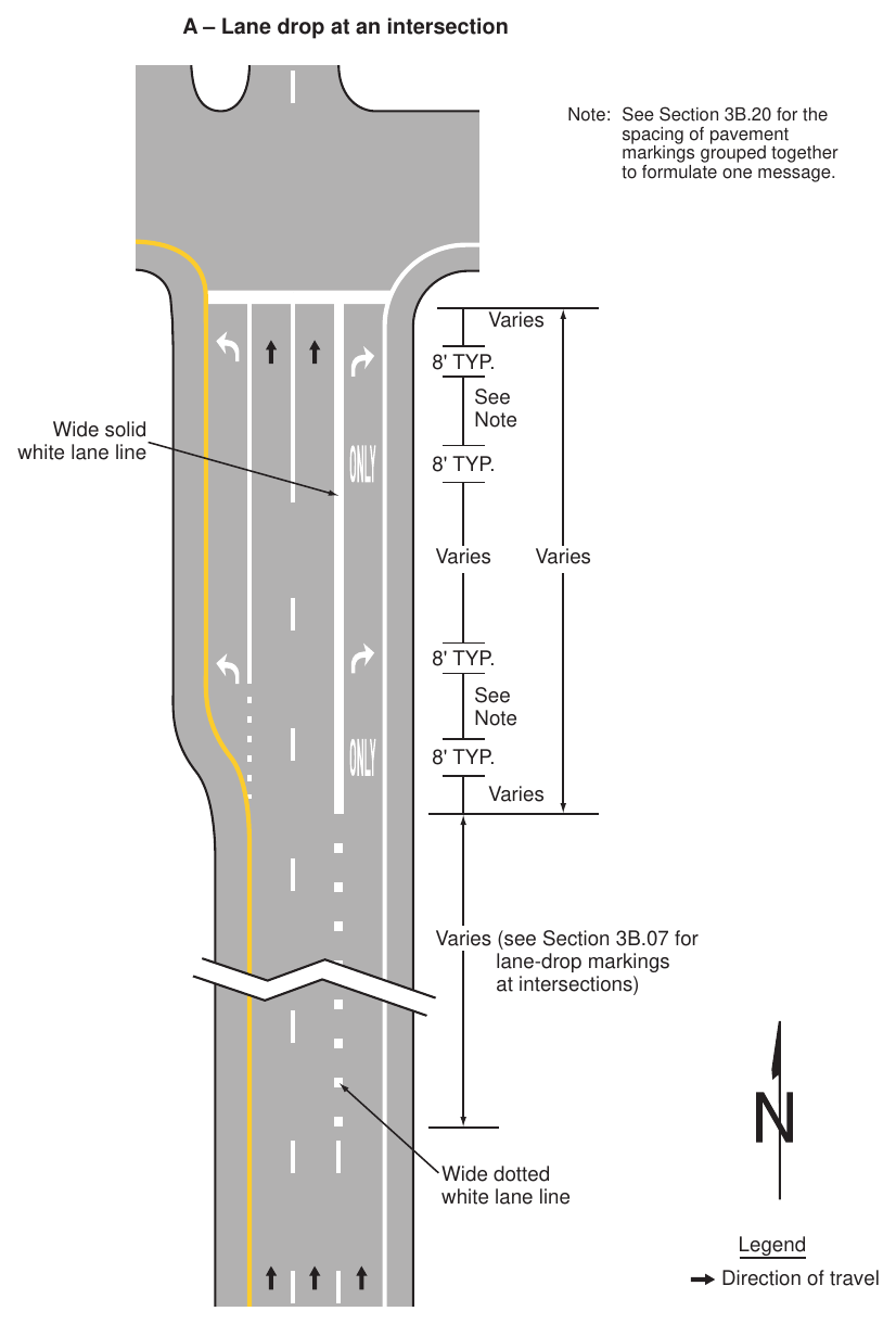 Figure 3B-12. Examples of Applications of Conventional Road Lane-Drop Markings (Sheet 1 of 2)