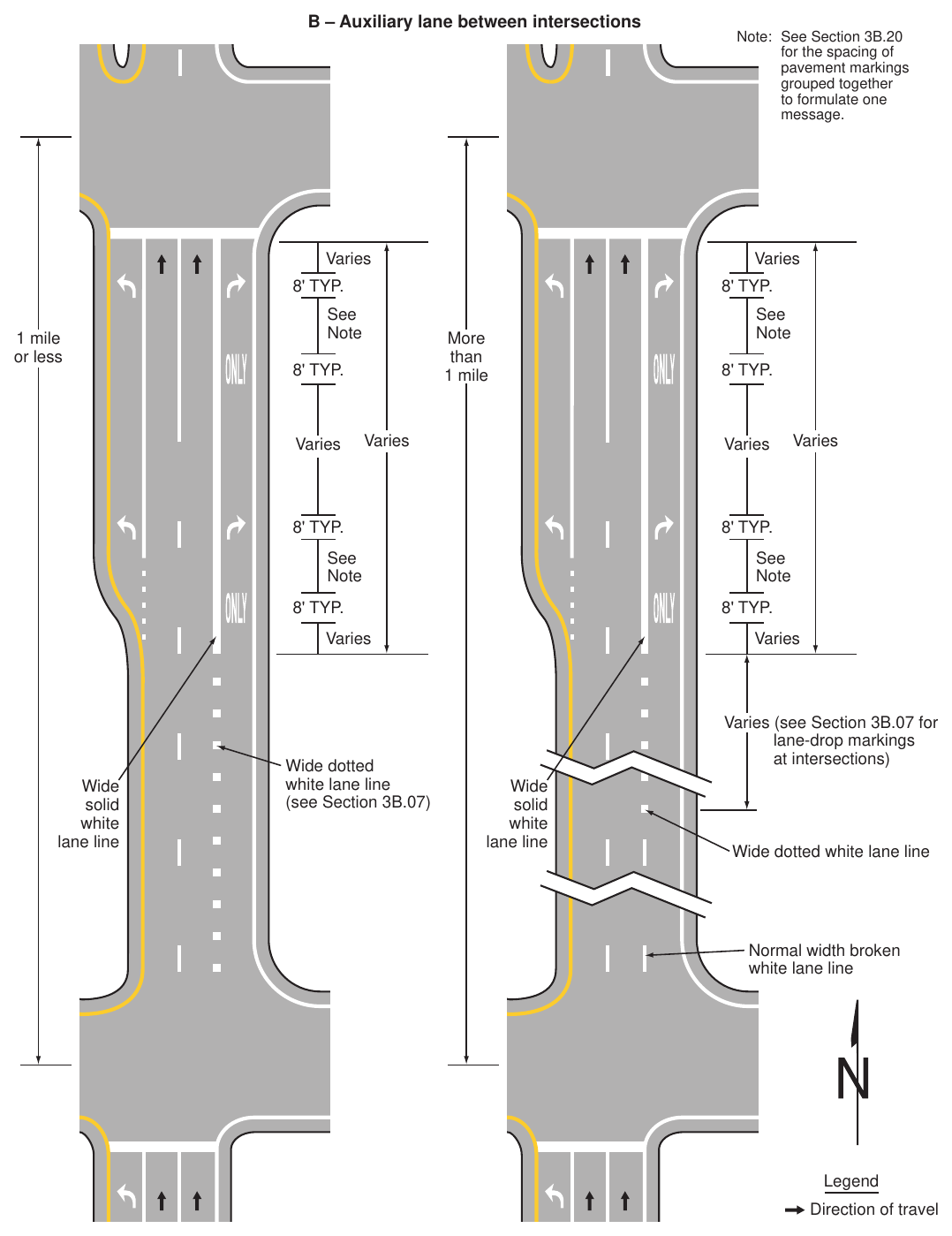 Figure 3B-12. Examples of Applications of Conventional Road Lane-Drop Markings (Sheet 2 of 2)
