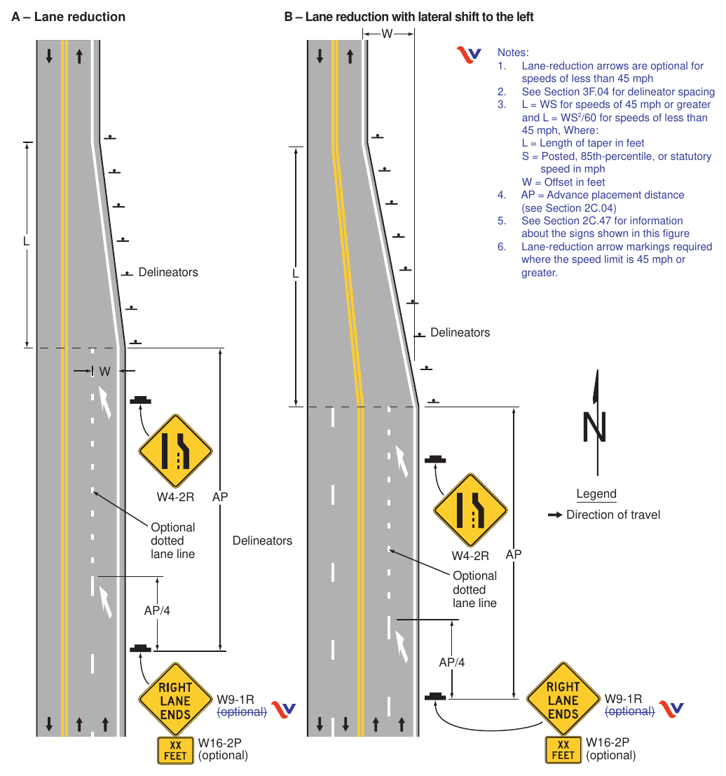 Figure 3B-14(VA). Examples of Applications of Lane-Reduction Transition Markings