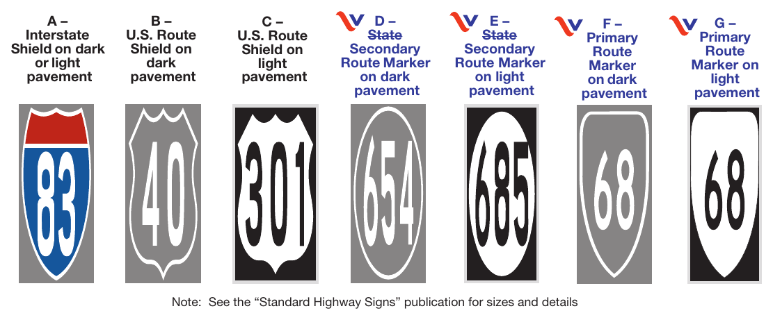Figure 3B-18(VA). Examples of Elongated Route Shields and Markers Applied as Pavement Markings