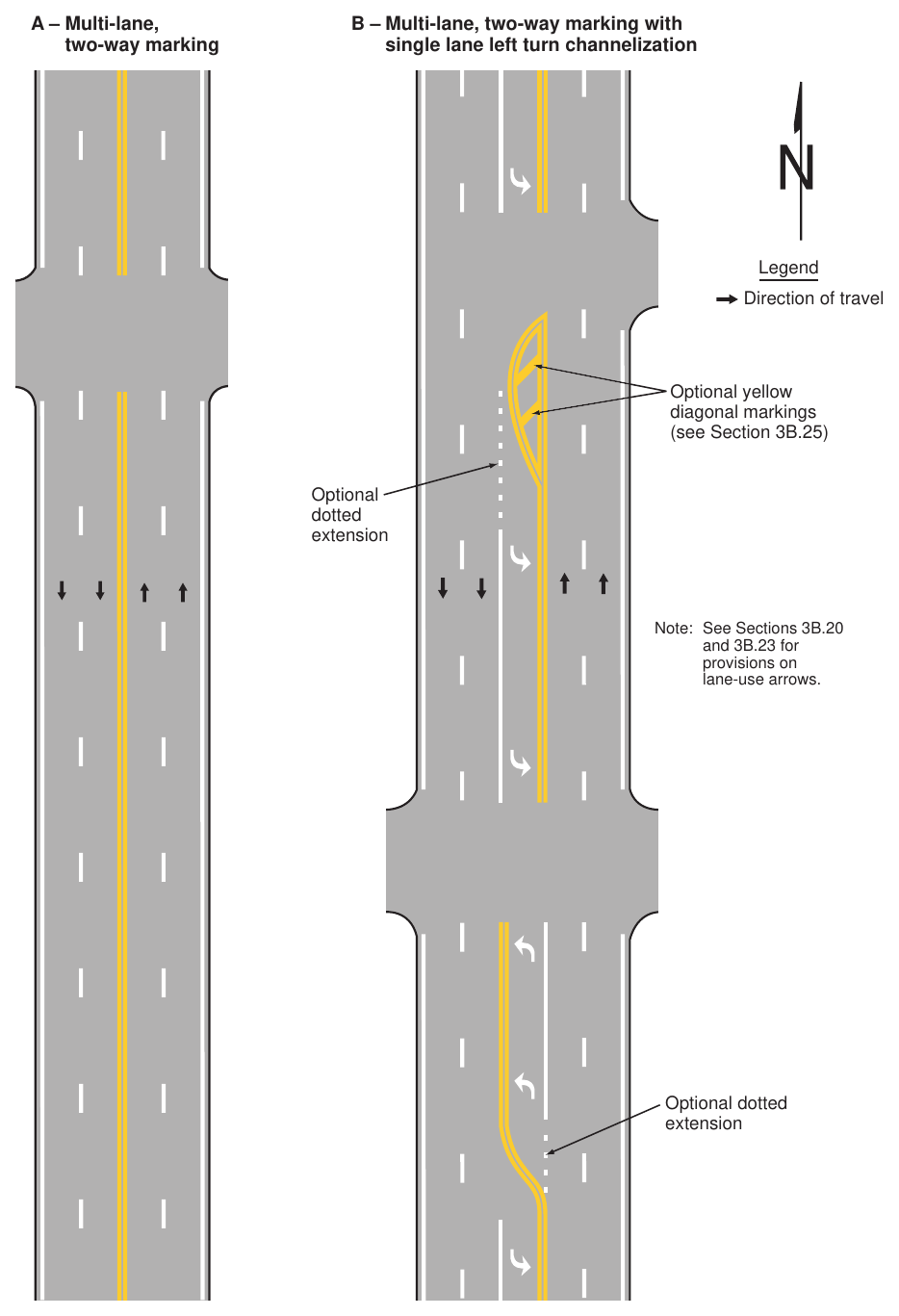 Figure 3B-2. Yellow Center Lines for Four-or-More Lane, Two-Way Applications