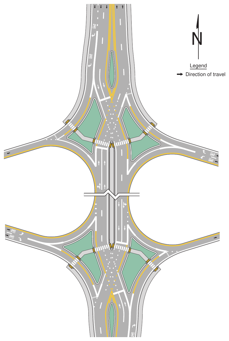 Figure 3B-29. Example of Pavement Markings for a Diamond Interchange with a Transposed Alignment Crossroad