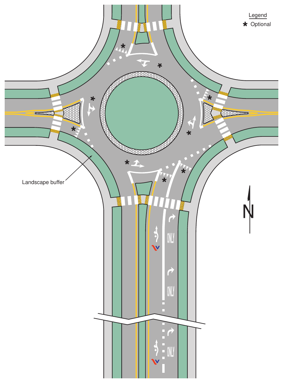Figure 3D-2(VA). Example of Markings for a One-Lane Roundabout