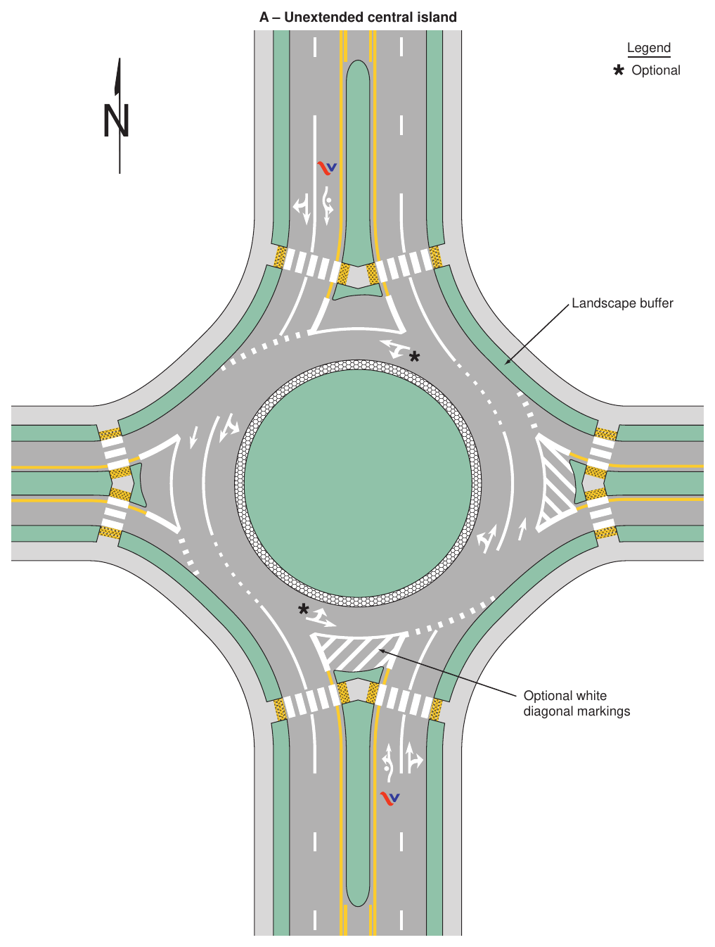 Figure 3D-3(VA). Example of Markings for a Two-Lane Roundabout with One-Lane and Two-Lane Approaches (Sheet 1 of 2)