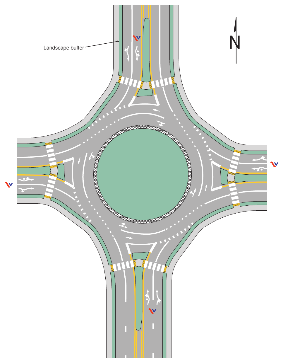 Figure 3D-5(VA). Example of Markings for a Two-Lane Roundabout with Two-Lane Exits