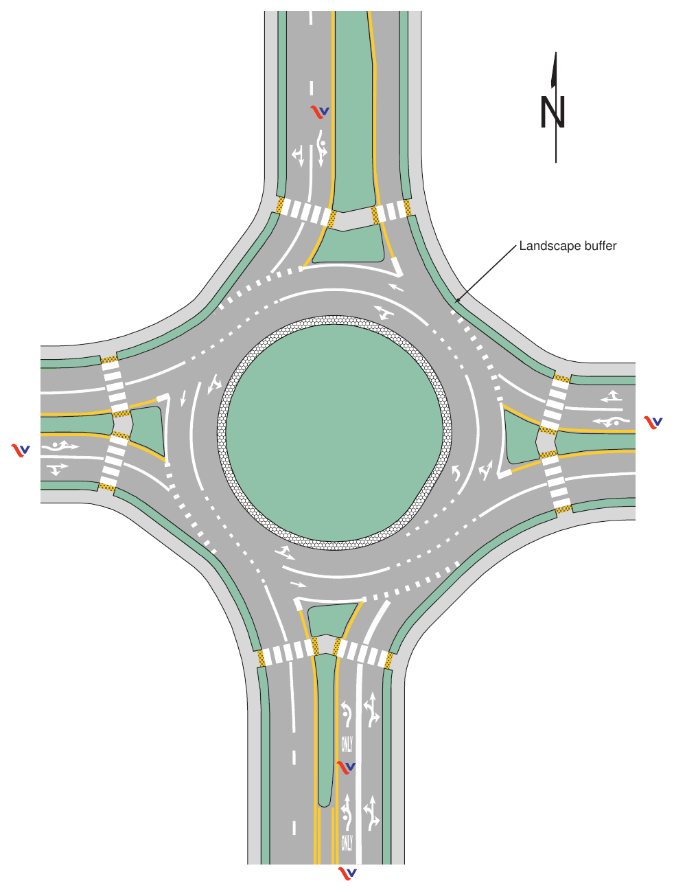 Figure 3D-6(VA). Example of Markings for a Two-Lane Roundabout with a Double Left Turn