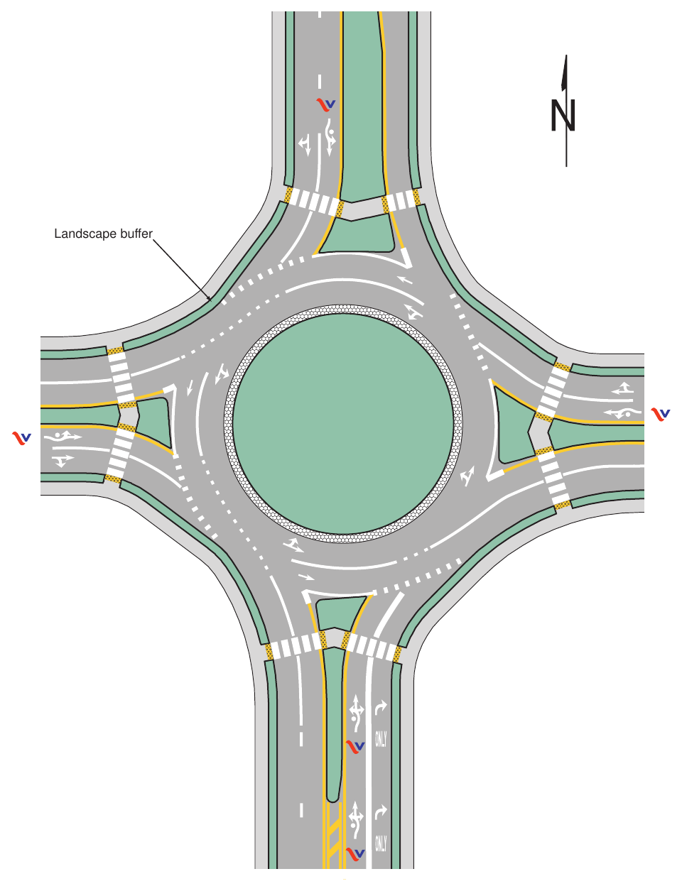 Figure 3D-7(VA). Example of Markings for a Two-Lane Roundabout with a Double Right Turn
