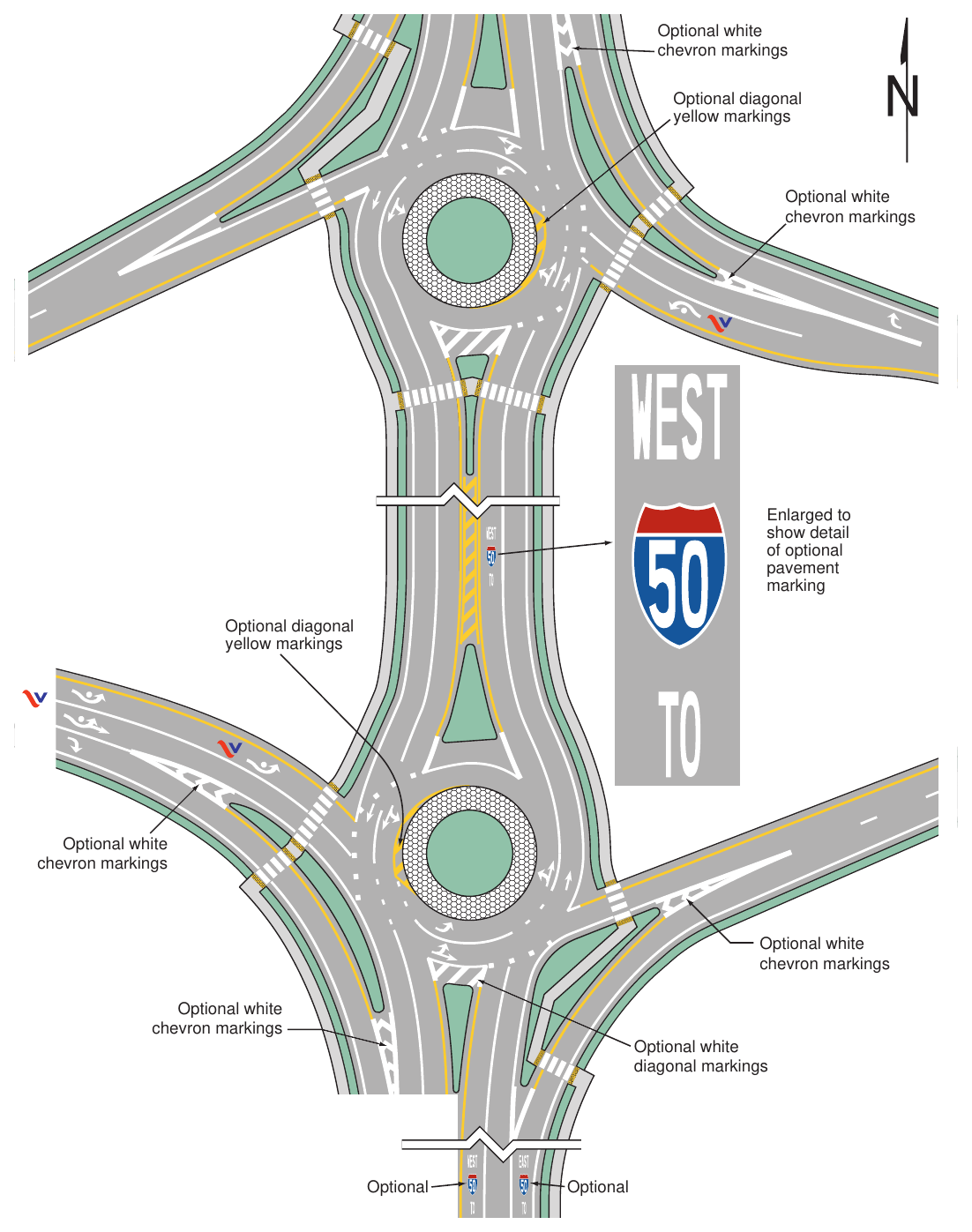 Figure 3D-8(VA). Example of Markings for a Diamond Interchange with Two Circular-Shaped Roundabout Ramp Terminals
