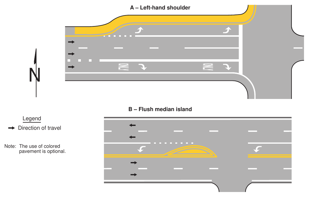 Figure 3H-2. Examples of Yellow-Colored Pavement Applications