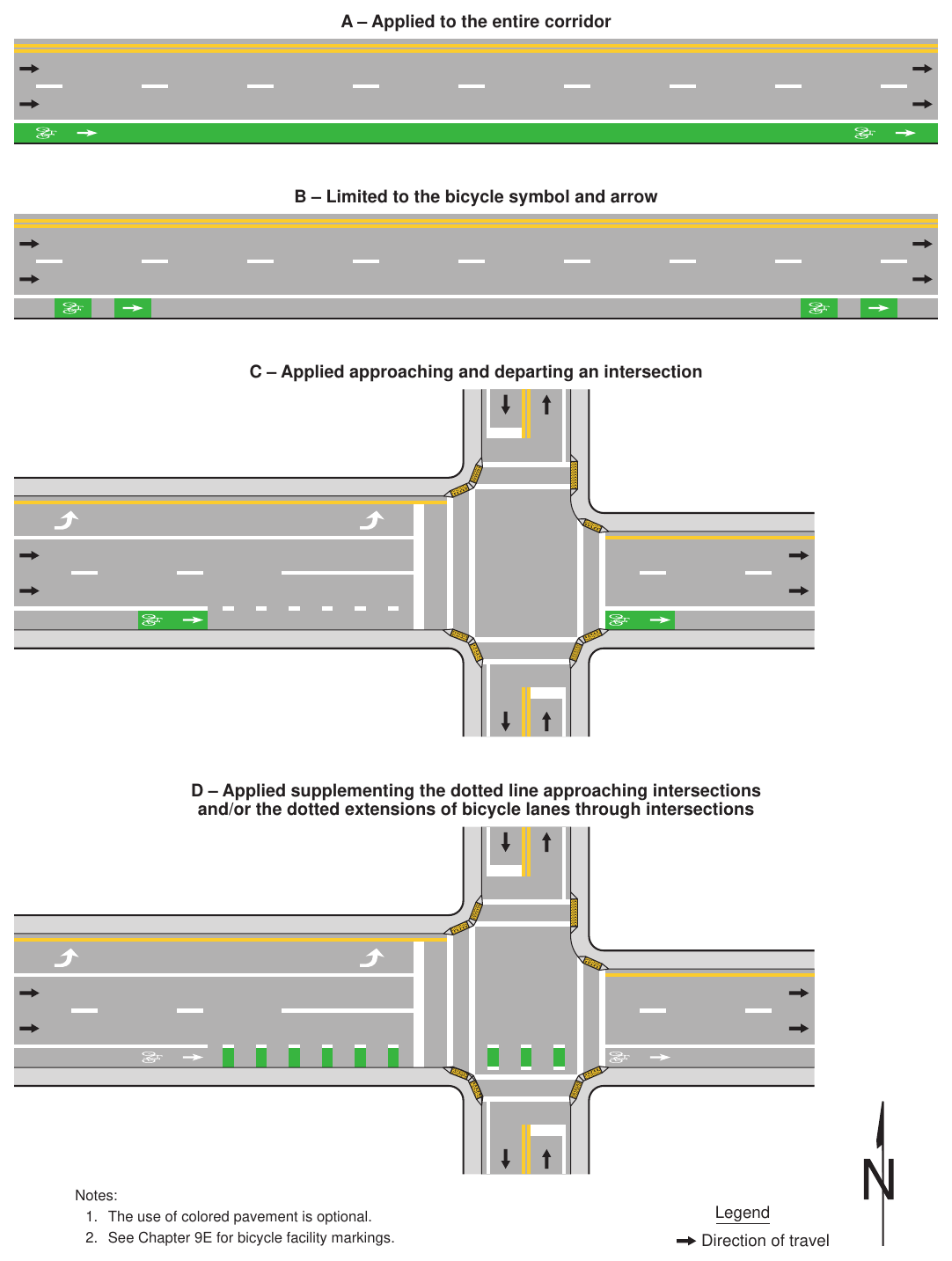 Figure 3H-4. Examples of Green-Colored Pavement Applications
