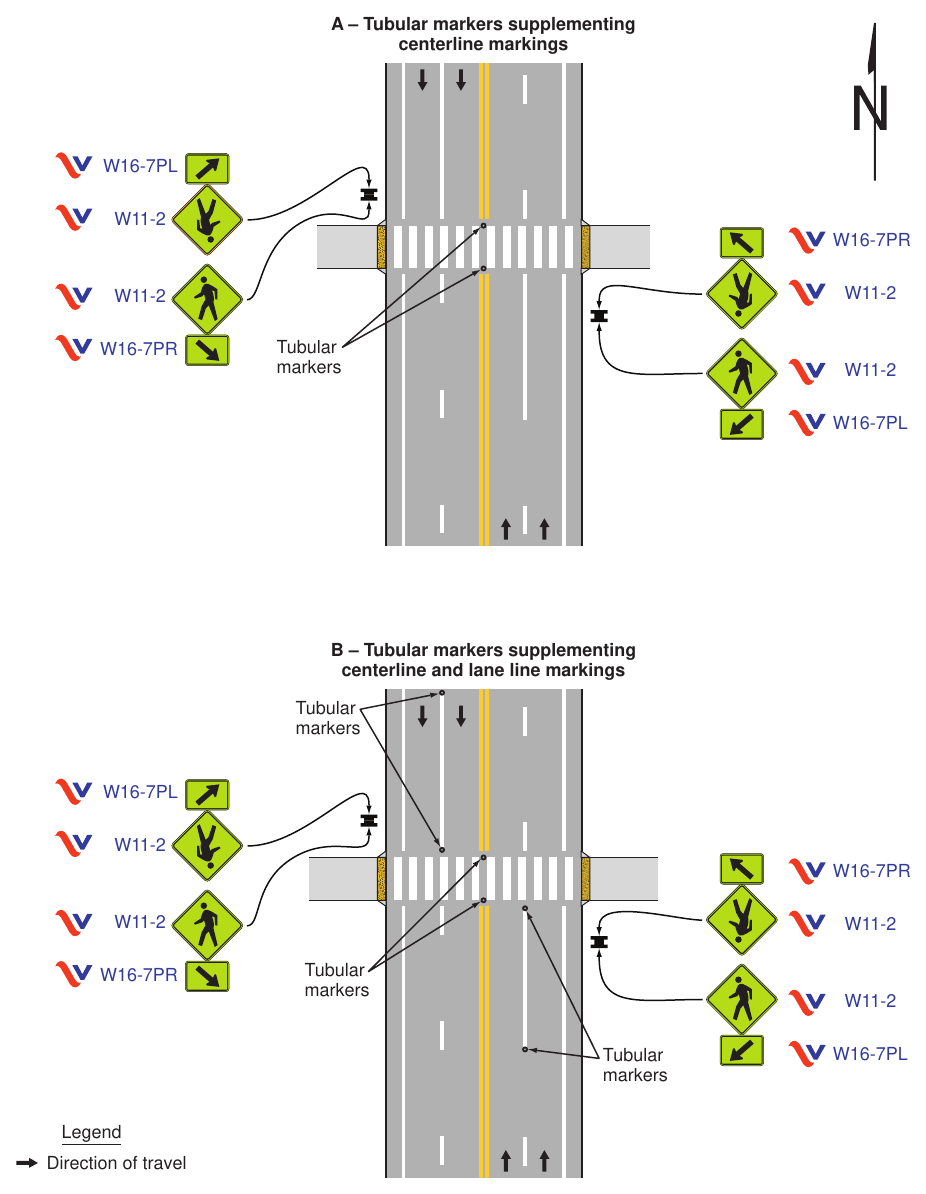 Figure 3I-1(VA). Examples of Tubular Markers Supplementing Pavement Markings in Advance of an Unsignalized Crosswalk (Sheet 1 of 2)