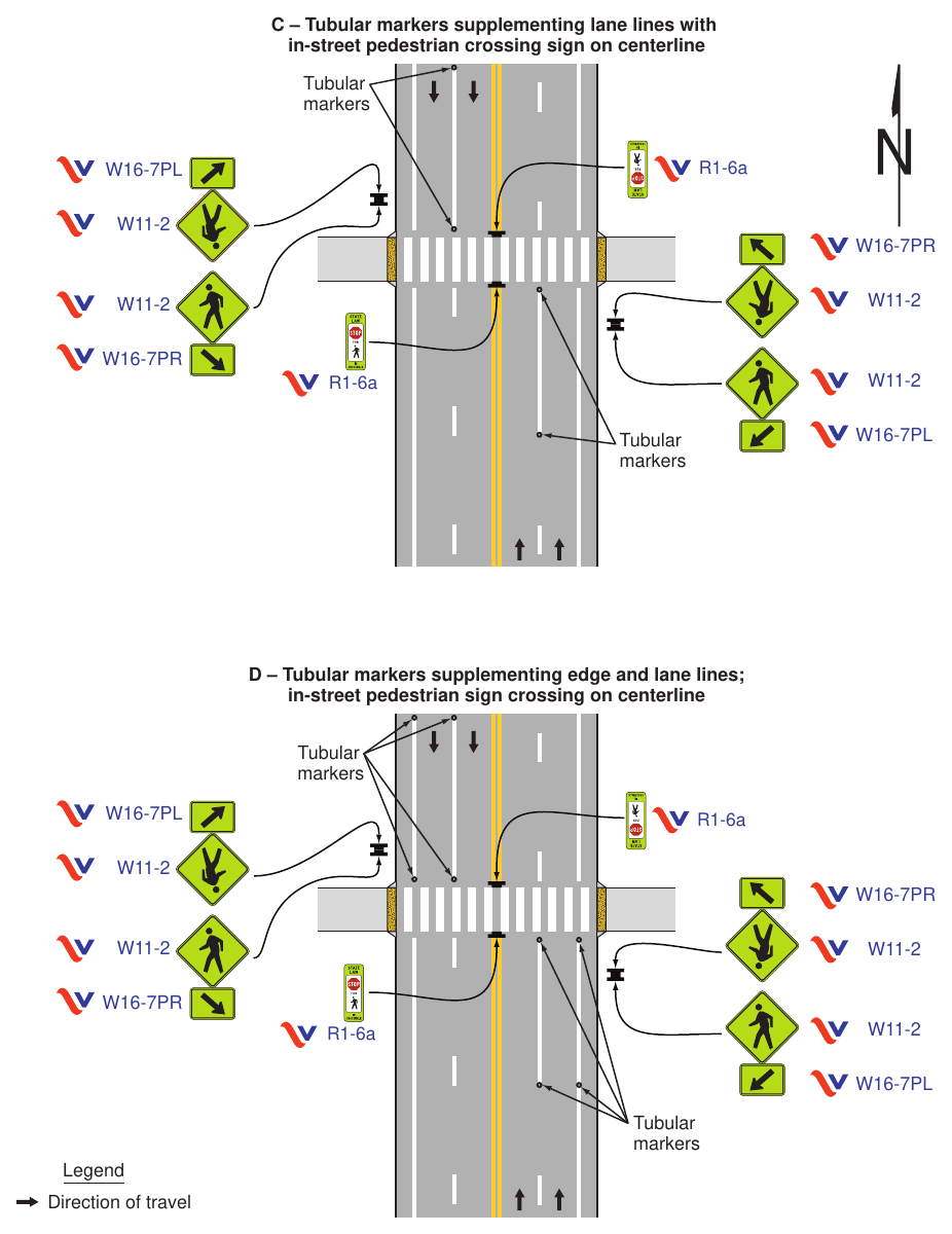 Figure 3I-1(VA). Examples of Tubular Markers Supplementing Pavement Markings in Advance of an Unsignalized Crosswalk (Sheet 2 of 2)