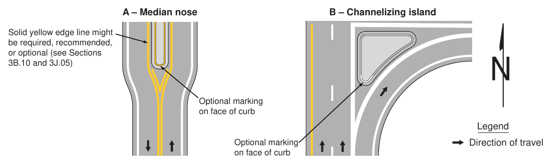 Figure 3J-3. Examples of Curb Markings for Raised Islands