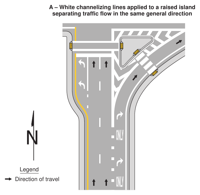 Figure 3J-4. Examples of Pavement Markings for Raised Islands (Sheet 1 of 2)