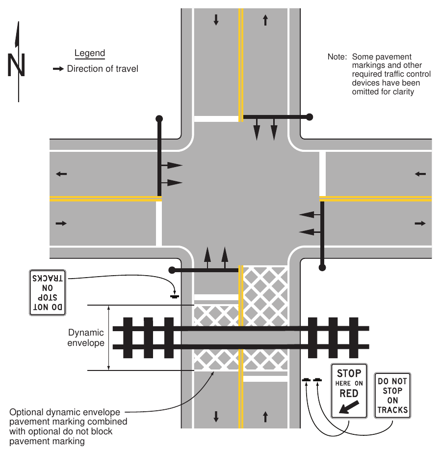 Figure 8C-4. Example of Dynamic Envelope and Do Not Block Pavement Markings at Grade Crossings