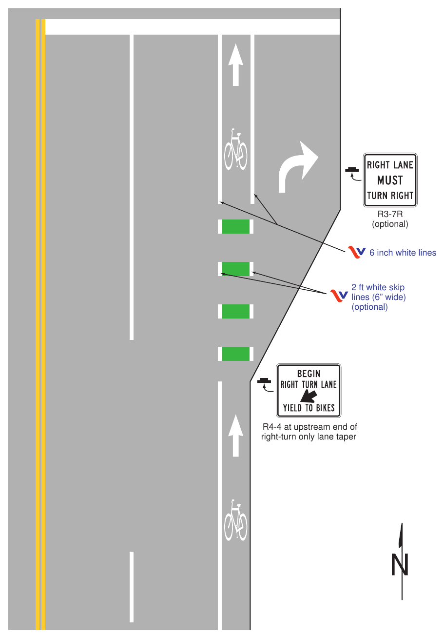 Figure 9E-3(VA). Examples of Bicycle Lane Markings on an Approach to an Intersection (Sheet 1 of 3)