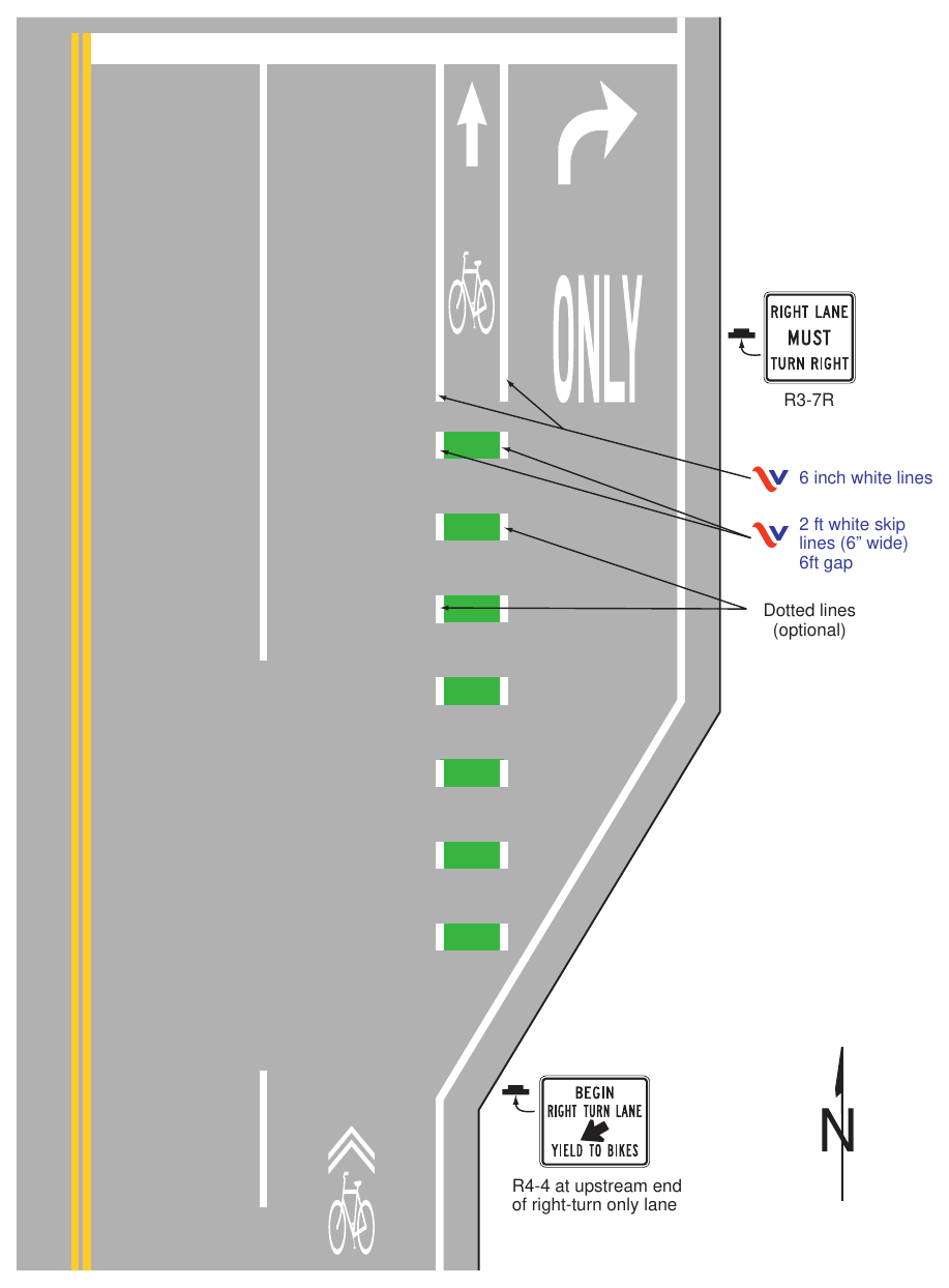 Figure 9E-4(VA). Example of Bicycle Lane Markings on an Approach to an Intersection that Transitions from a Shared Lane