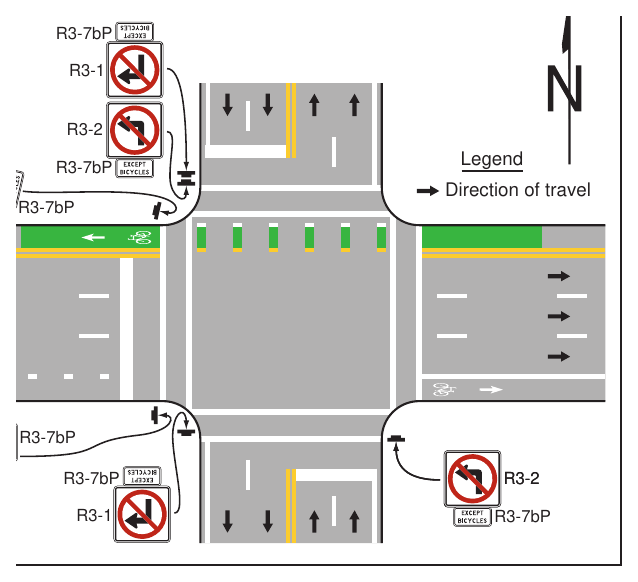 Figure 9E-8. Example of Counter-Flow Bicycle Lanes at an Intersection