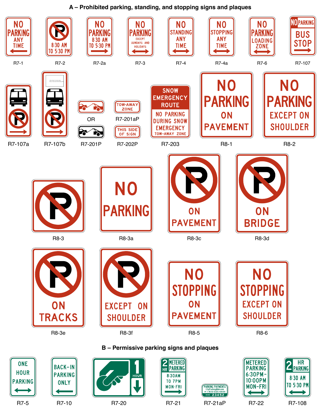 Figure 2B-25. Parking, Standing, and Stopping Signs and Plaques (R7 and R8 Series) (Sheet 1 of 2)