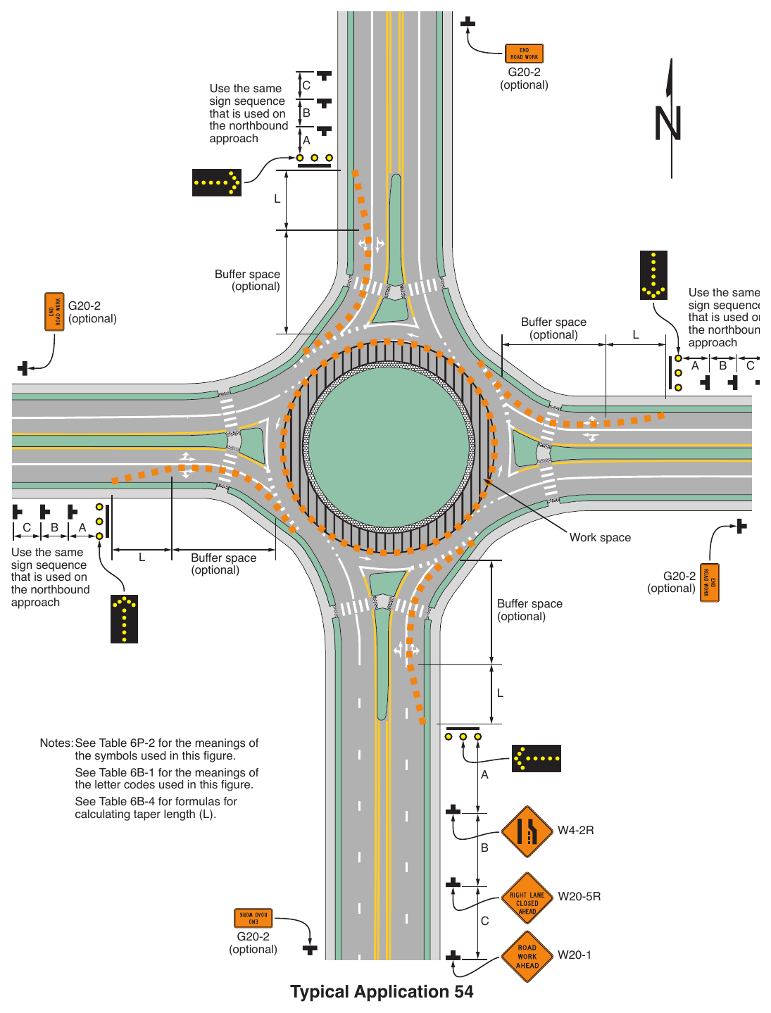 Figure 6P-54. Inside Lane Closure on a Multi-Lane Circular Intersection (TA-54)